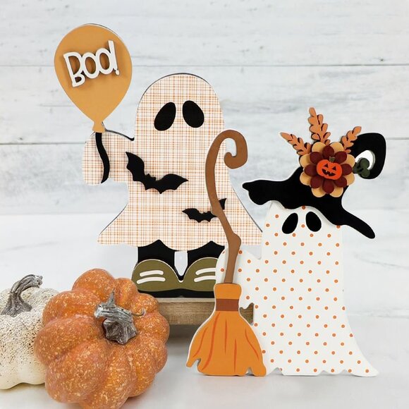 Other - Halloween Decorations Indoor, 2 Pack Cute Wooden Halloween , Witchy Ghost with B